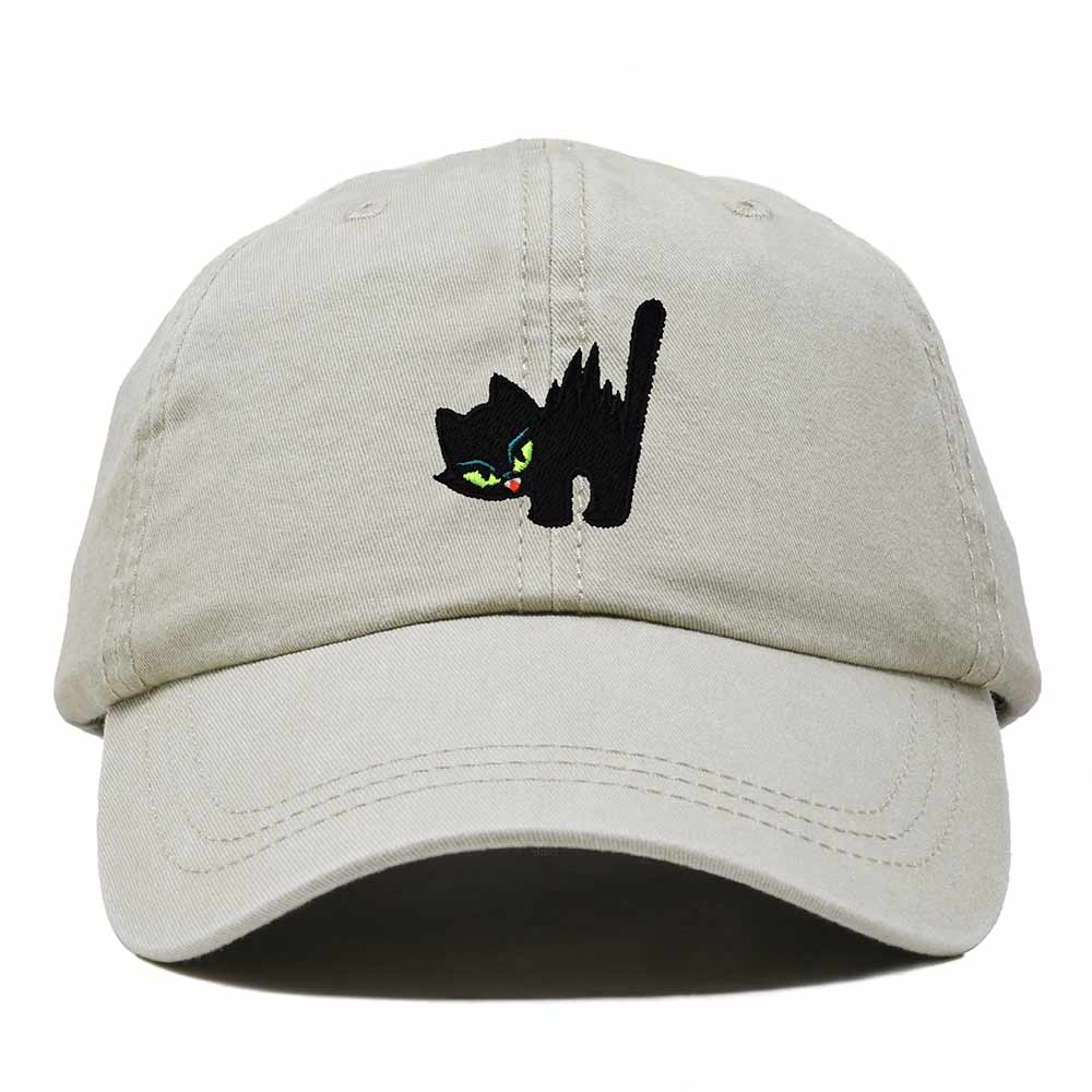 Dalix Blink Black Cat Embroidered Cotton Outdoor Baseball Cap Dad Hat Womens in Washed Stone White