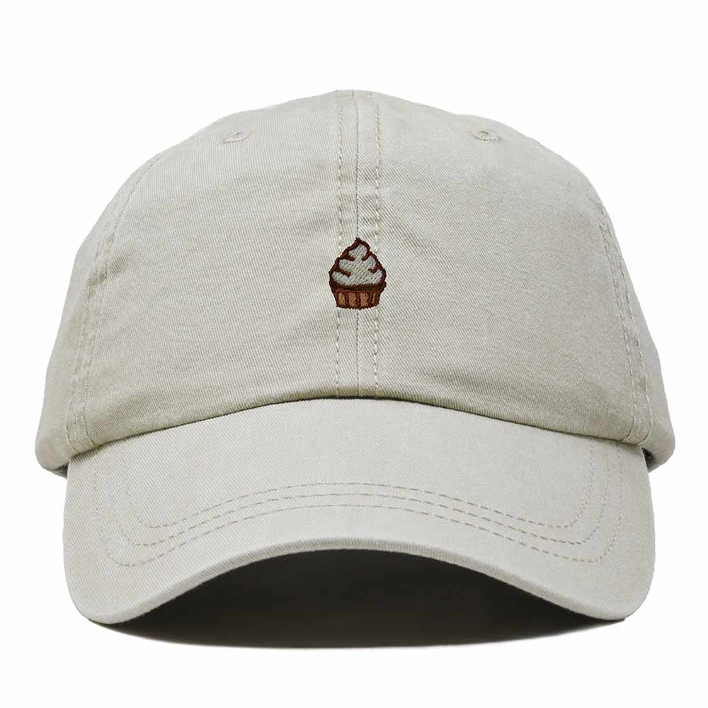 Dalix Cupcake Embroidered Dad Hat Cotton Cap Adjustable Strap Frosted Sweet Treat Low Profile Womens in Washed Stone White