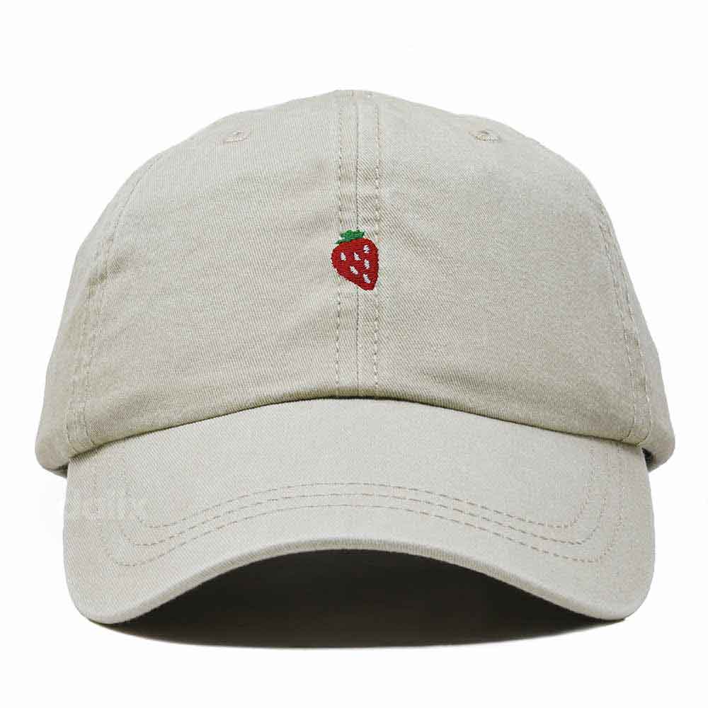 Dalix Lil Strawberry Embroidered Cotton Summer Outdoor Baseball Cap Dad Hat Womens in Washed Stone White