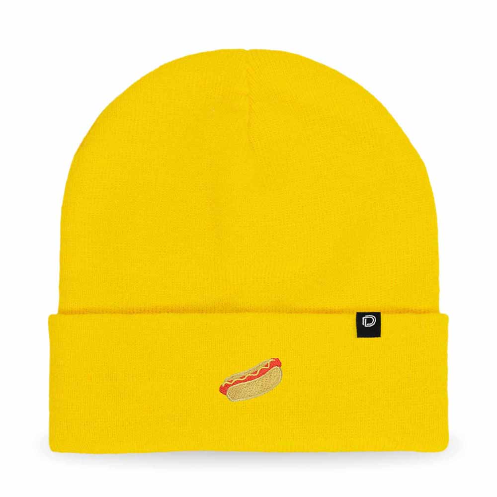 Dalix Hot Dog Embroidered Beanie Hat Cotton Cute Winter Fall Cap Womens in Neon Yellow