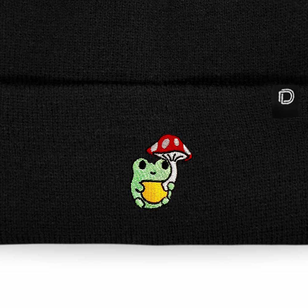 Dalix Mushroom Frog Embroidered Beanie Hat Cotton Cute Winter Fall Cap Womens in Black