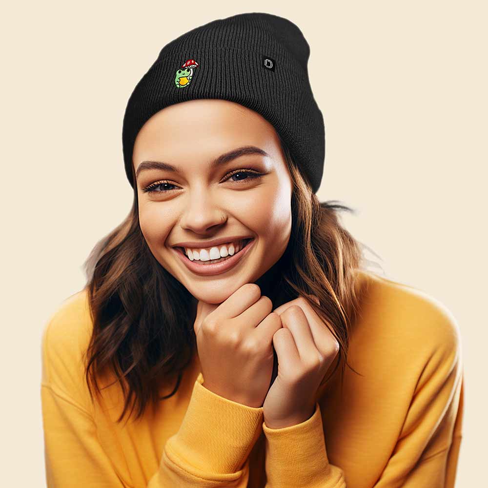 Dalix Mushroom Frog Embroidered Beanie Hat Cotton Cute Winter Fall Cap Womens in Black