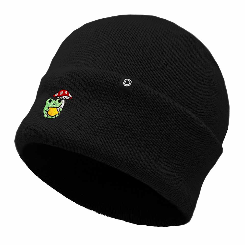 Dalix Mushroom Frog Embroidered Beanie Hat Cotton Cute Winter Fall Cap Womens in Black