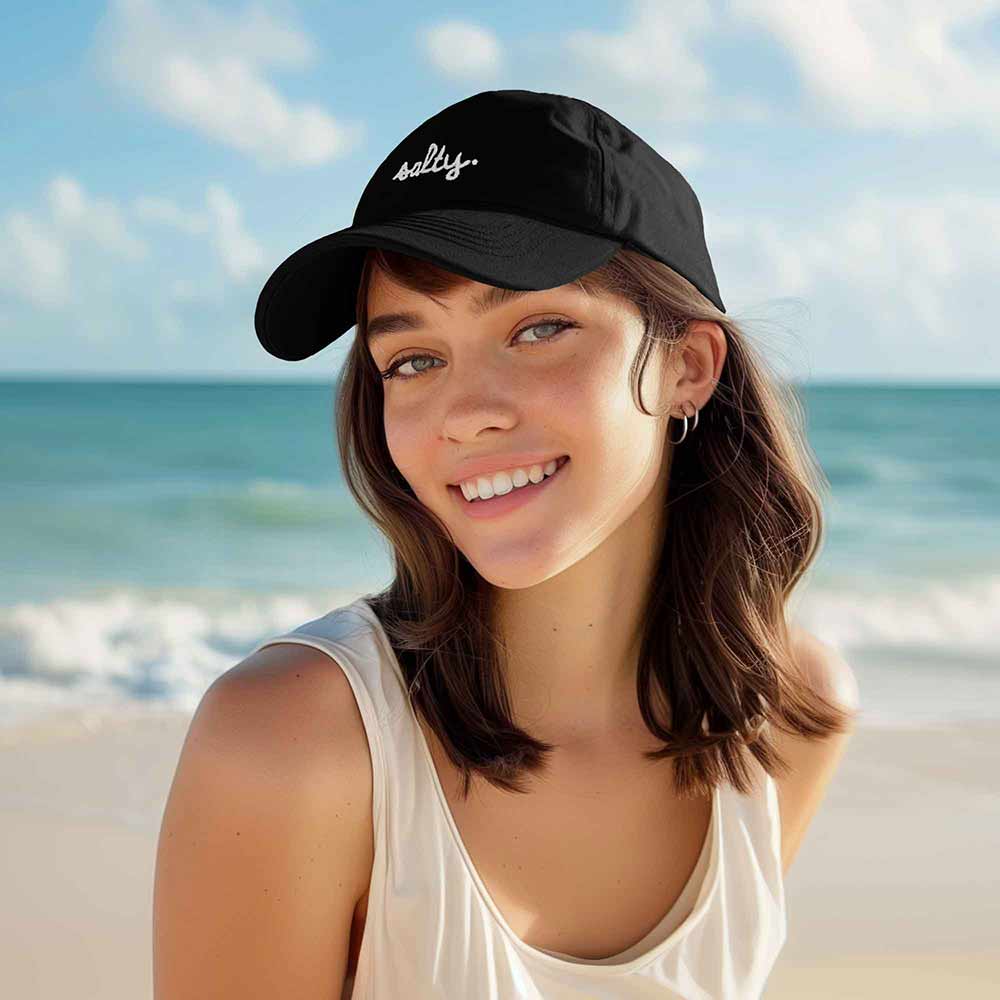 Dalix Salty Embroidered Cotton Beach Baseball Cap Adjustable Dad Hat Womens in Black