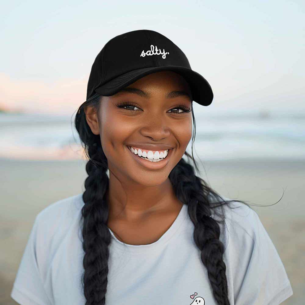 Dalix Salty Embroidered Cotton Beach Baseball Cap Adjustable Dad Hat Womens in Black