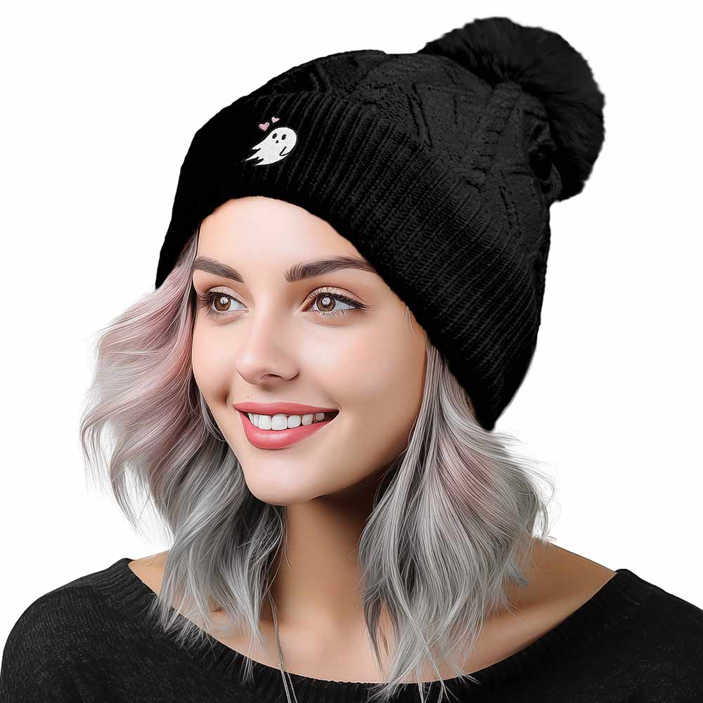 Dalix Heartly Ghost Cable Knit Pom Beanie Soft Stretch Skully Warm Fuzzy Faux Sherpa Winter Ski Beanie in Black