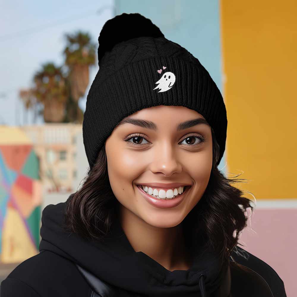 Dalix Heartly Ghost Cable Knit Pom Beanie Soft Stretch Skully Warm Fuzzy Faux Sherpa Winter Ski Beanie in Black