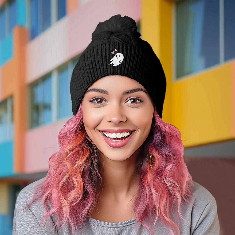 Dalix Heartly Ghost Cable Knit Pom Beanie Soft Stretch Skully Warm Fuzzy Faux Sherpa Winter Ski Beanie in Black