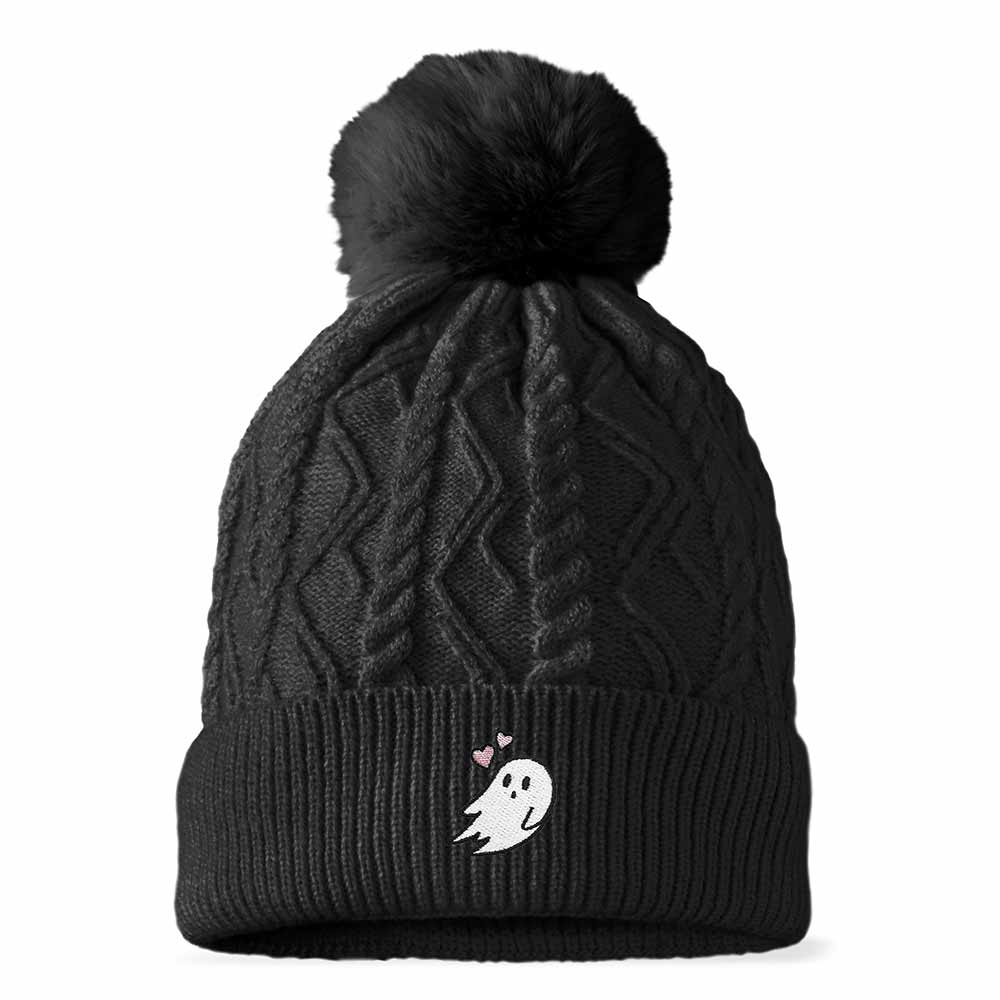 Dalix Heartly Ghost Cable Knit Pom Beanie Soft Stretch Skully Warm Fuzzy Faux Sherpa Winter Ski Beanie in Black