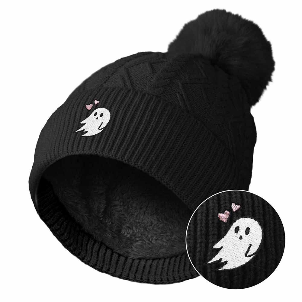 Dalix Heartly Ghost Cable Knit Pom Beanie Soft Stretch Skully Warm Fuzzy Faux Sherpa Winter Ski Beanie in Black