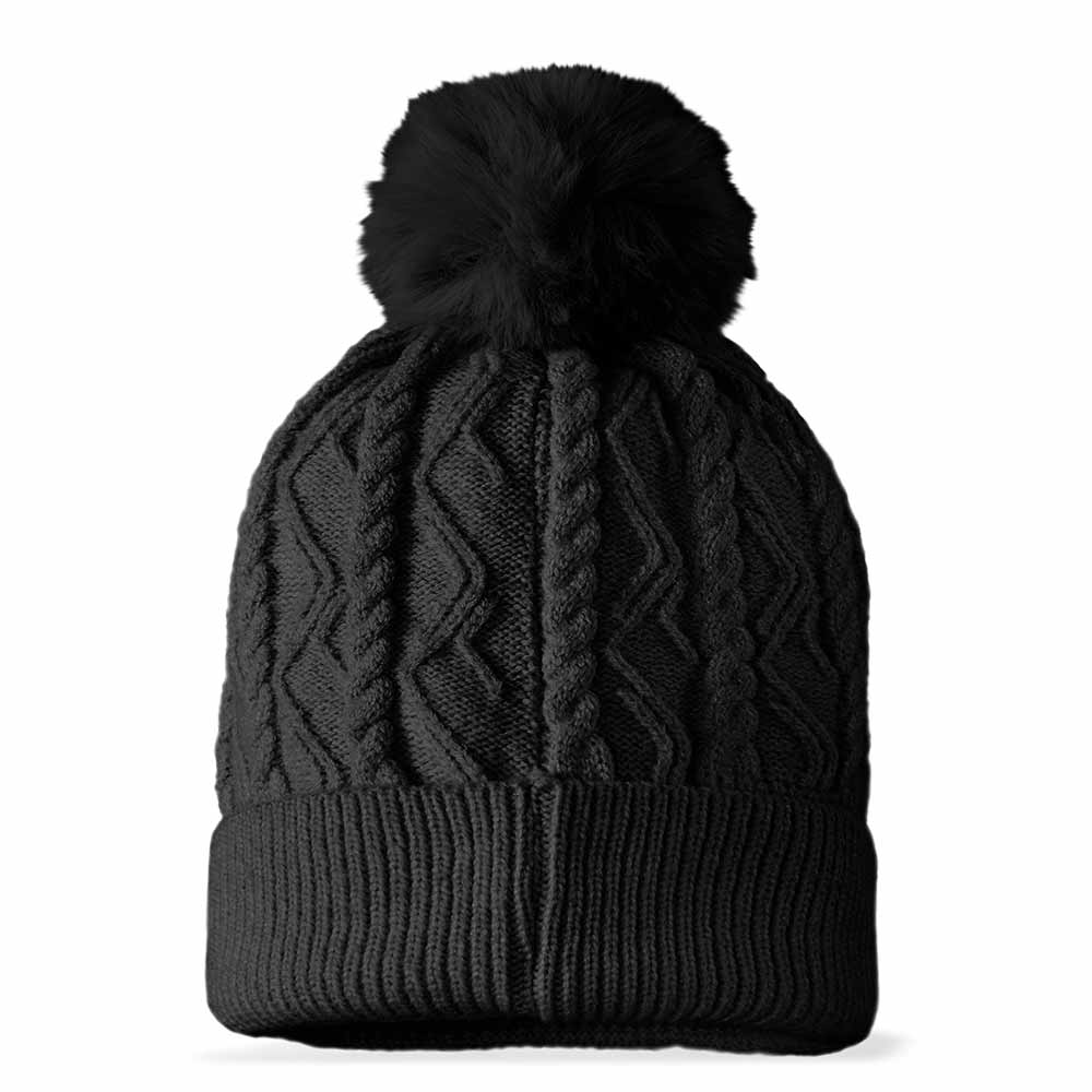 Dalix Heartly Ghost Cable Knit Pom Beanie Soft Stretch Skully Warm Fuzzy Faux Sherpa Winter Ski Beanie in Black