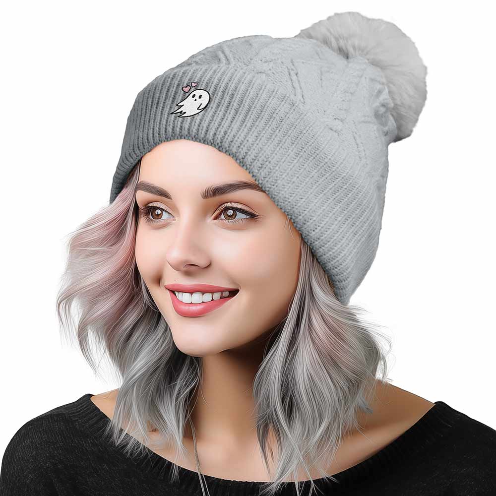 Dalix Heartly Ghost Cable Knit Pom Beanie Soft Stretch Skully Warm Fuzzy Faux Sherpa Winter Ski Beanie in Charcoal Gray