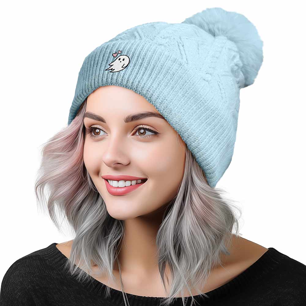 Dalix Heartly Ghost Cable Knit Pom Beanie Soft Stretch Skully Warm Fuzzy Faux Sherpa Winter Ski Beanie in Light Blue