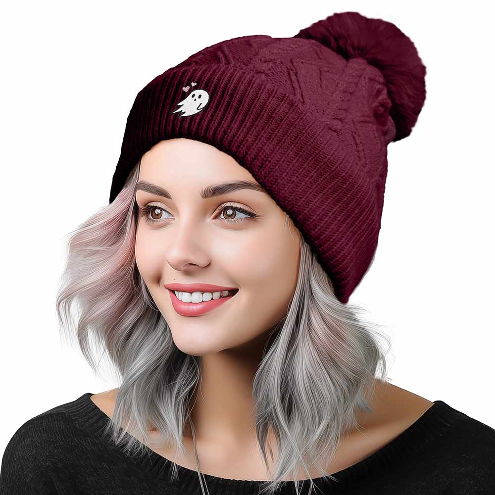 Dalix Heartly Ghost Cable Knit Pom Beanie Soft Stretch Skully Warm Fuzzy Faux Sherpa Winter Ski Beanie in Maroon