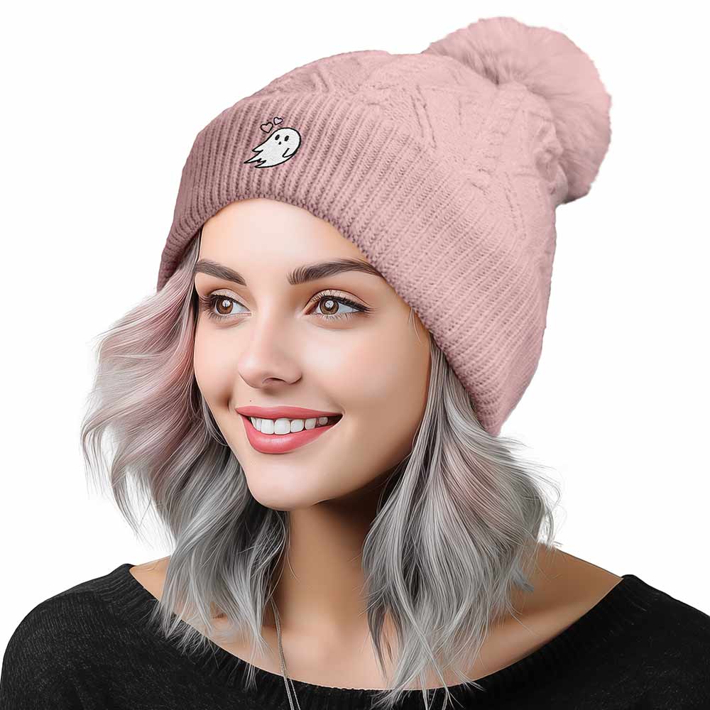 Dalix Heartly Ghost Cable Knit Pom Beanie Soft Stretch Skully Warm Fuzzy Faux Sherpa Winter Ski Beanie in Mauve