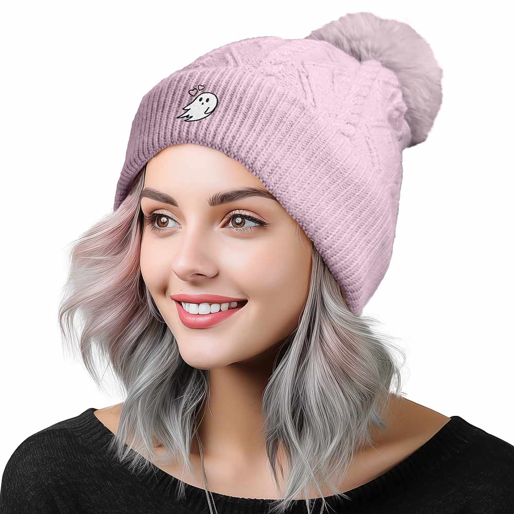 Dalix Heartly Ghost Cable Knit Pom Beanie Soft Stretch Skully Warm Fuzzy Faux Sherpa Winter Ski Beanie in Orchid