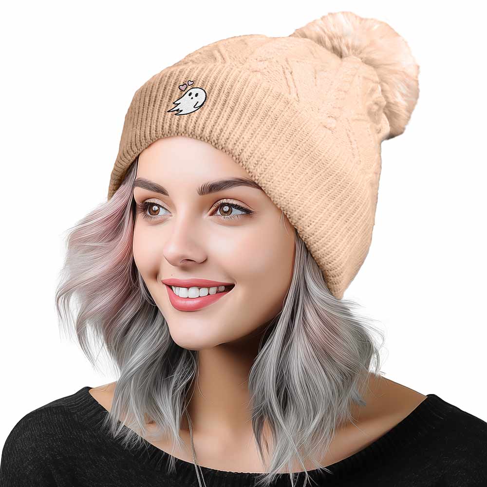 Dalix Heartly Ghost Cable Knit Pom Beanie Soft Stretch Skully Warm Fuzzy Faux Sherpa Winter Ski Beanie in Peach