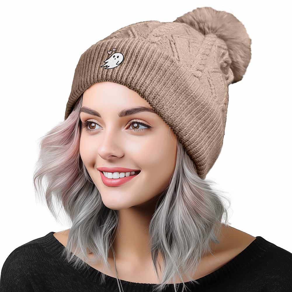 Dalix Heartly Ghost Cable Knit Pom Beanie Soft Stretch Skully Warm Fuzzy Faux Sherpa Winter Ski Beanie in Tan