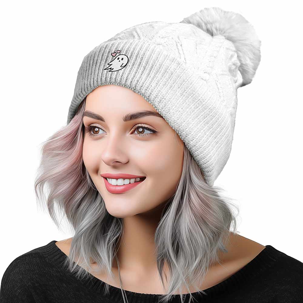 Dalix Heartly Ghost Cable Knit Pom Beanie Soft Stretch Skully Warm Fuzzy Faux Sherpa Winter Ski Beanie in Cream White