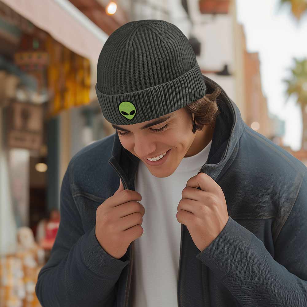 Dalix Alien Fisherman Beanie Hat Winter Knit Cuffed Watch Cap Mens in Asphalt Gray