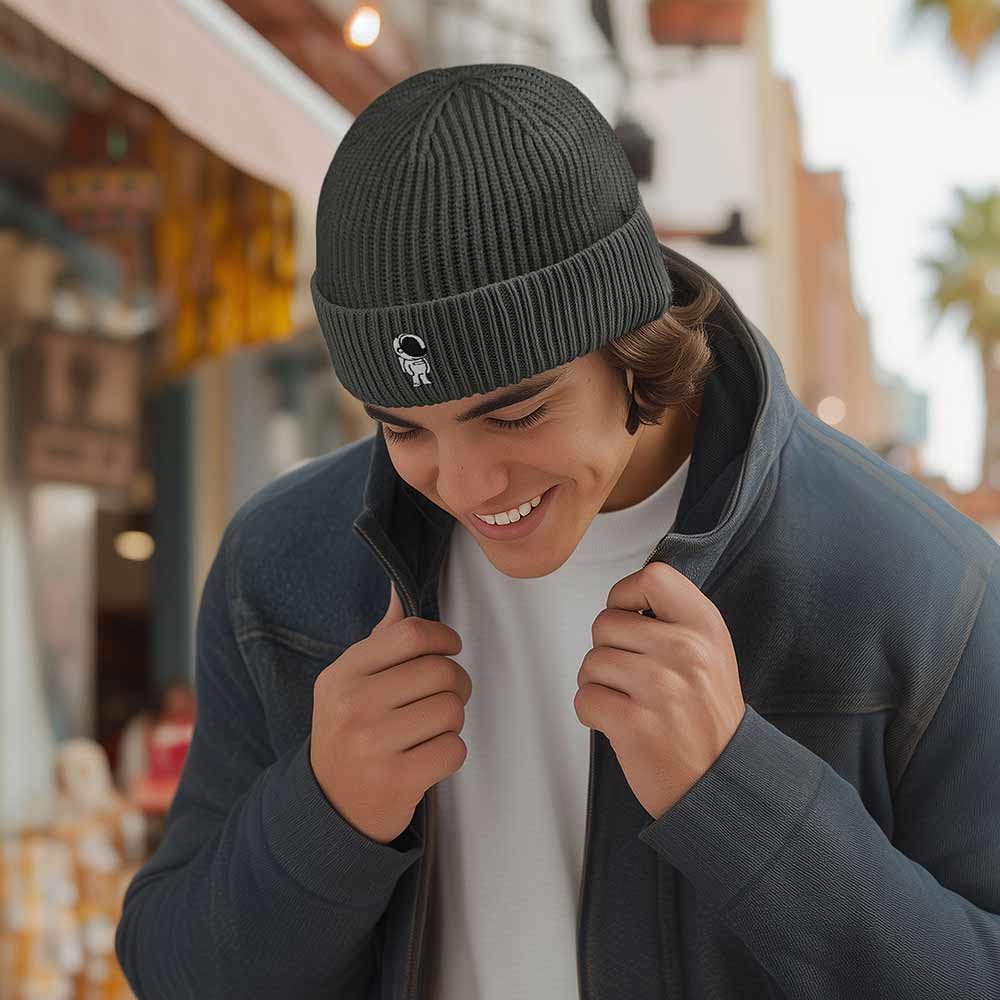 Dalix Astronaut Fisherman Beanie Hat Winter Knit Cuffed Watch Cap Mens in Asphalt Gray
