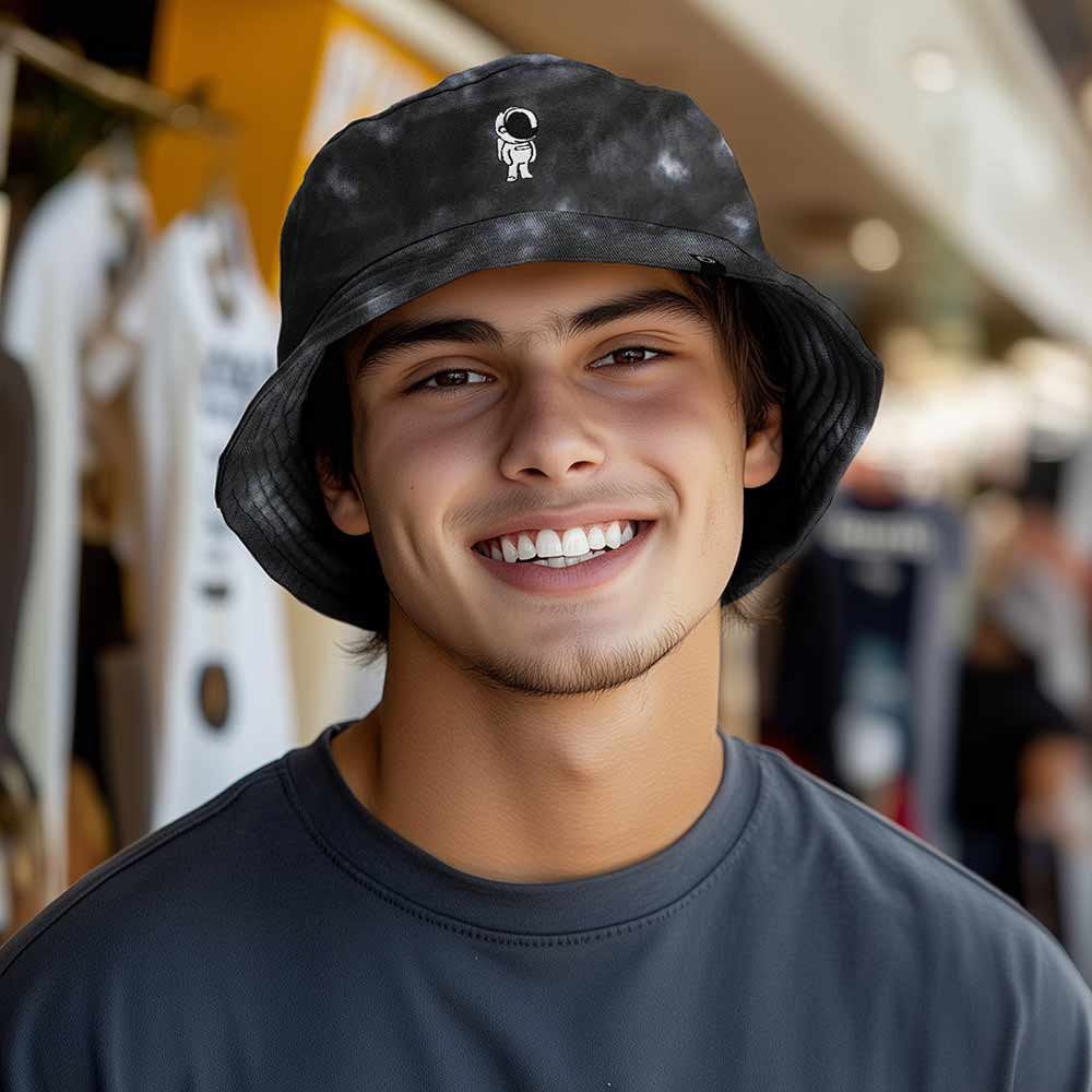 Dalix Astronaut Tie Dye Bucket Hat Cotton Embroidery Casual Outdoor Style Mens in Tie Dye Black M Medium