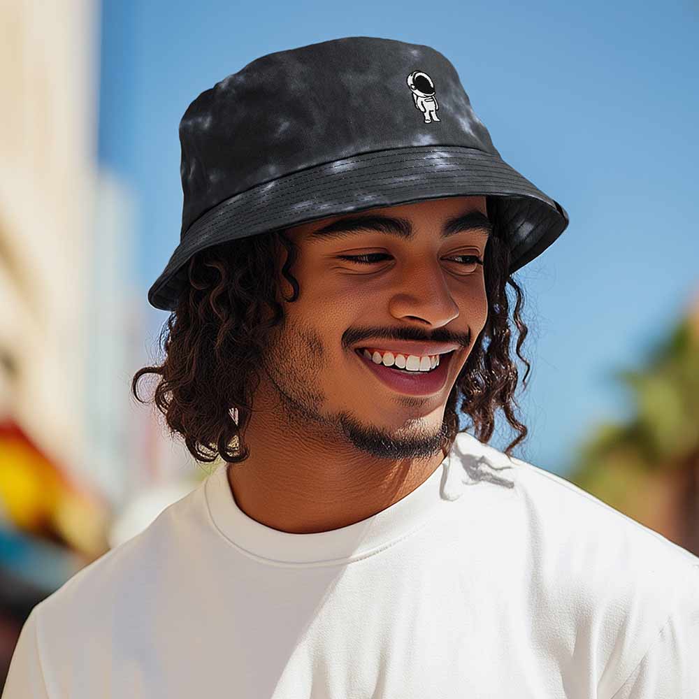 Dalix Astronaut Tie Dye Bucket Hat Cotton Embroidery Casual Outdoor Style Mens in Tie Dye Black M Medium
