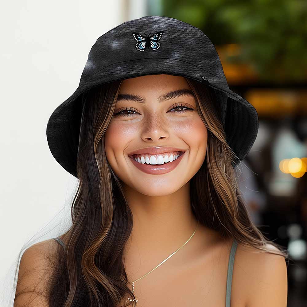 Dalix Butterfly Tie Dye Bucket Hat Cotton Embroidery Casual Outdoor Style Womens in Tie Dye Black M Medium