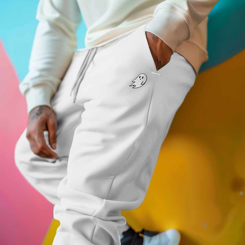 Dalix Ghost Embroidered Fleece Jogger Cuff Sweatpant Sweats Soft Warm Mens in White 2XL XX-Large