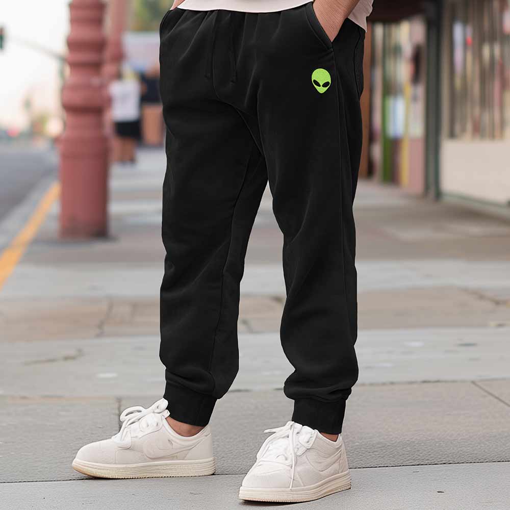 Dalix Alien Embroidered Jogger Pant Soft Fleece Relaxed Fit Lounge Mens in Black 2XL XX-Large