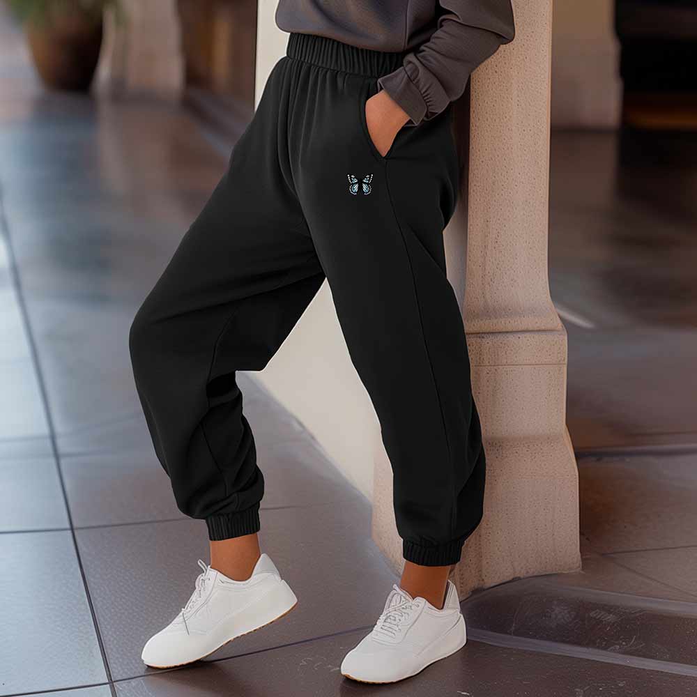 Dalix Butterfly Embroidered Sweatpant Heavy Weight Fleece Relaxed Fit Lounge Womens in Black S Small