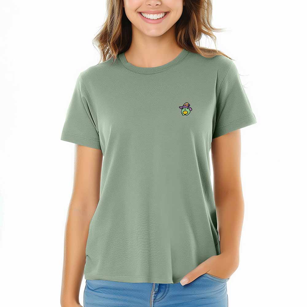 Dalix Sorcerer Frog Embroidered Cotton Relaxed Short Sleeve Tee T Shirt Womens in Sage 2XL XX-Large
