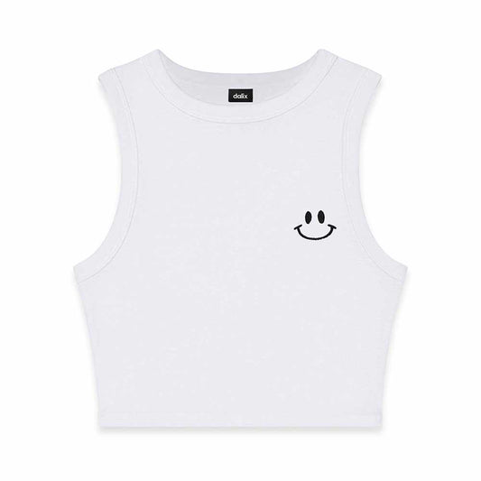 Dalix Smile Face Rib Crop Muscle Tank Cute Womens in White 2XL XX-Large