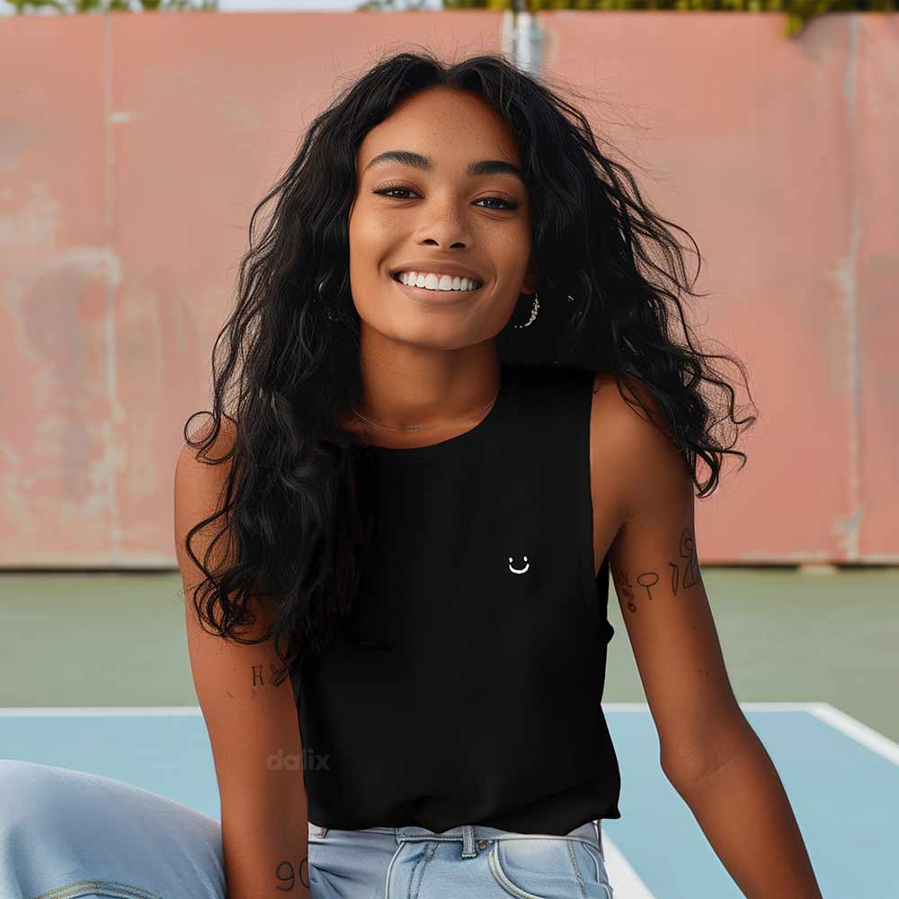 Dalix Lil Smile Embroidered Muscle Tank Cotton Soft Outdoor Summer Womens in Black 2XL XX-Large