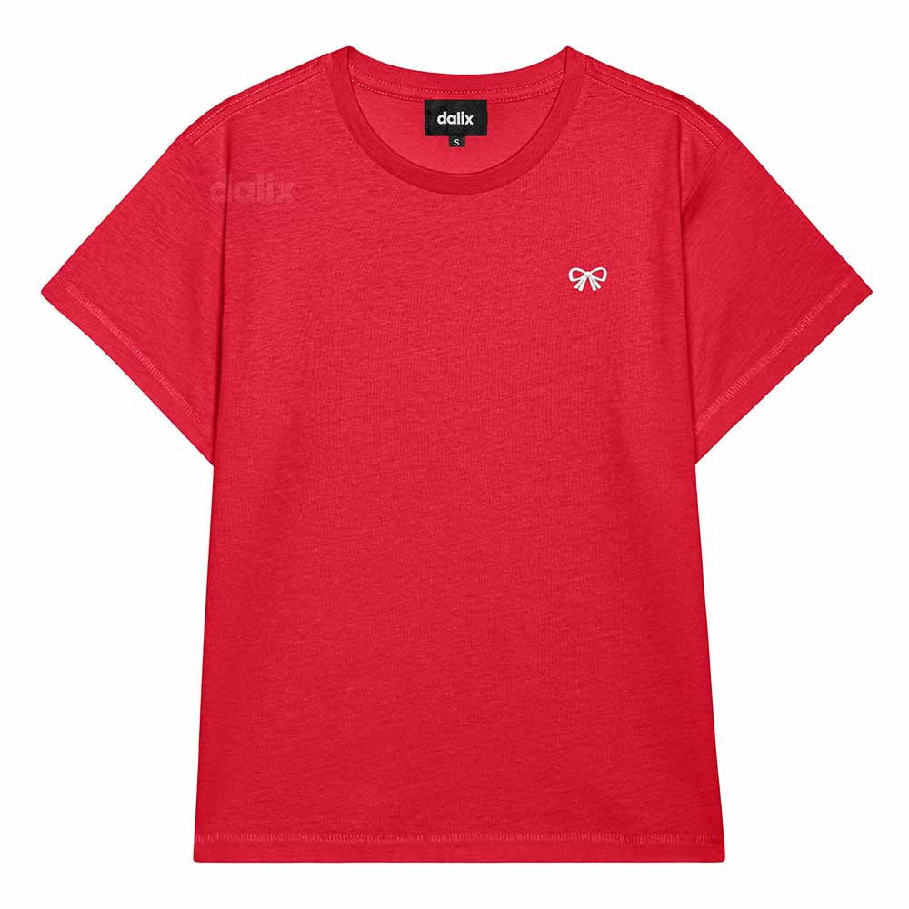 Dalix Bow Cropped Tee Lightweight High Waisted Short Sleeve Summer Shirt Womens in Team Red S Small