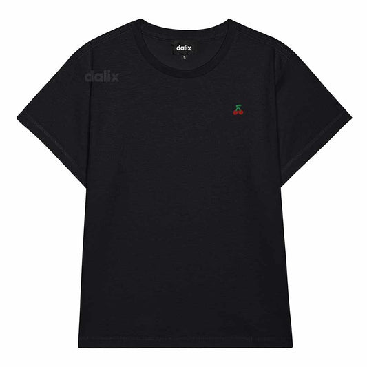 Dalix Lil Cherry Cropped Tee Lightweight High Waisted Short Sleeve Summer Shirt Womens in Black S Small