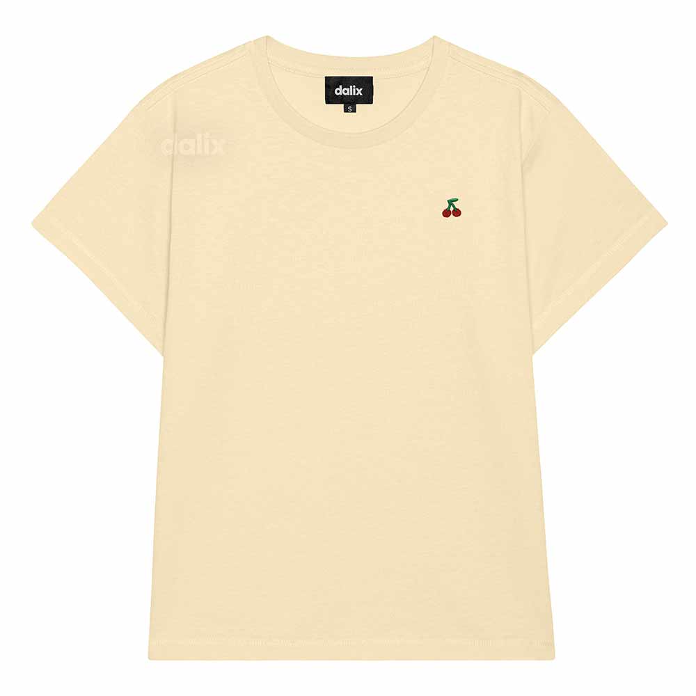 Dalix Lil Cherry Cropped Tee Lightweight High Waisted Short Sleeve Summer Shirt Womens in Butter Cream S Small