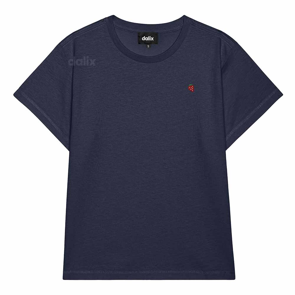 Dalix Lil Strawberry Cropped Tee Lightweight High Waisted Short Sleeve Summer Shirt Womens in Navy S Small