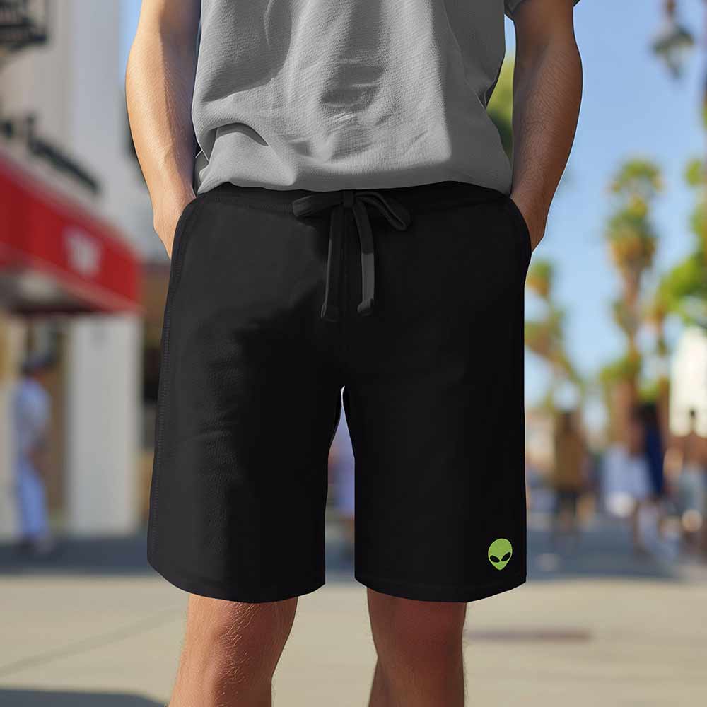 Dalix Alien Embroidered Short Soft Fleece Relaxed Drawstring Fit Lounge Mens in Black S Small
