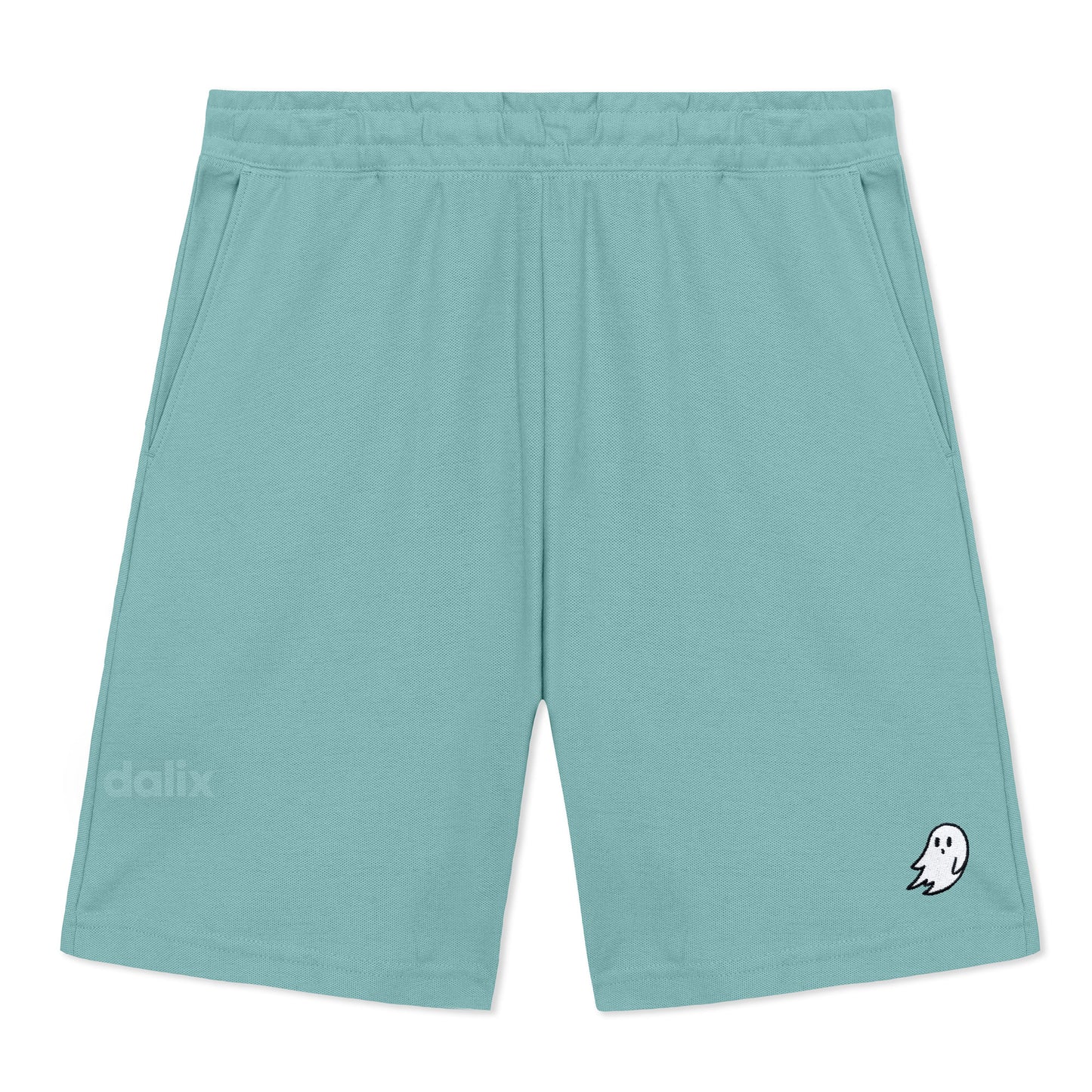 Dalix Ghost Gym Short Sport Embroidered Casual Pocket Mesh Drawcord Waist Mens in Arctic Blue S Small