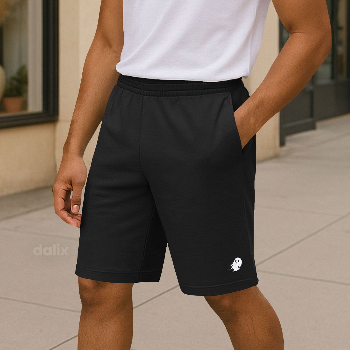 Dalix Ghost Gym Short Sport Embroidered Casual Pocket Mesh Drawcord Waist Mens in Black S Small