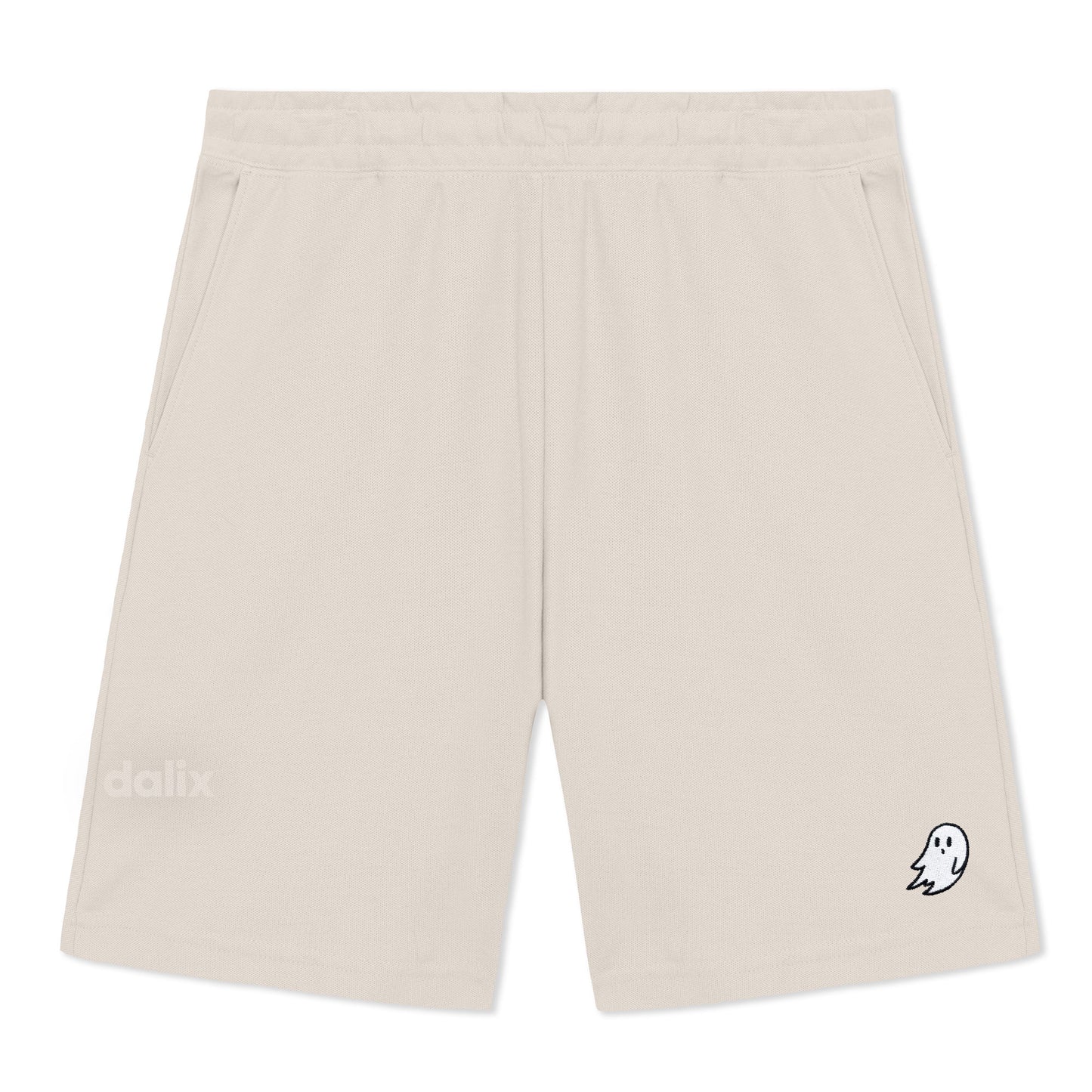 Dalix Ghost Gym Short Sport Embroidered Casual Pocket Mesh Drawcord Waist Mens in Bone S Small