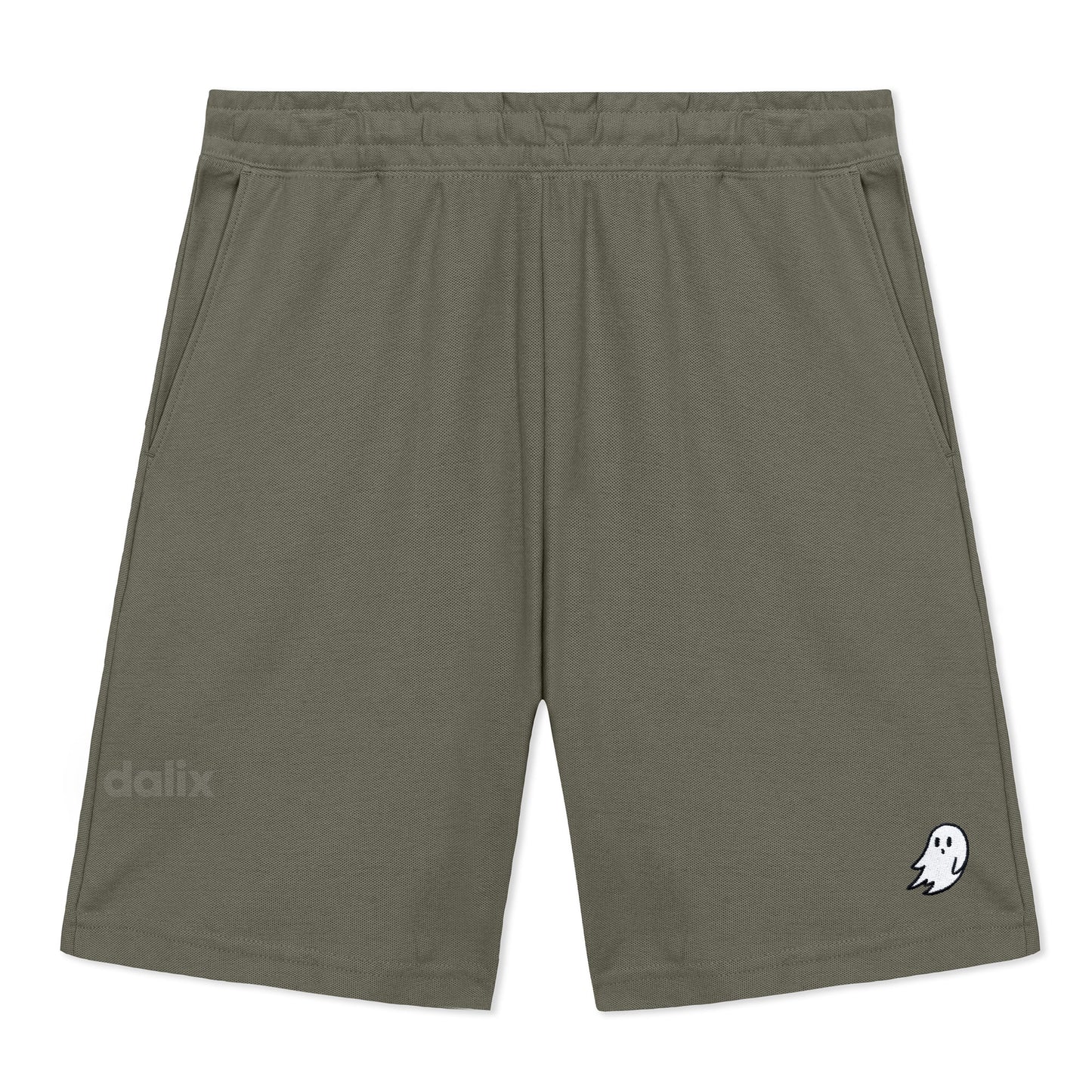 Dalix Ghost Gym Short Sport Embroidered Casual Pocket Mesh Drawcord Waist Mens in Olive S Small