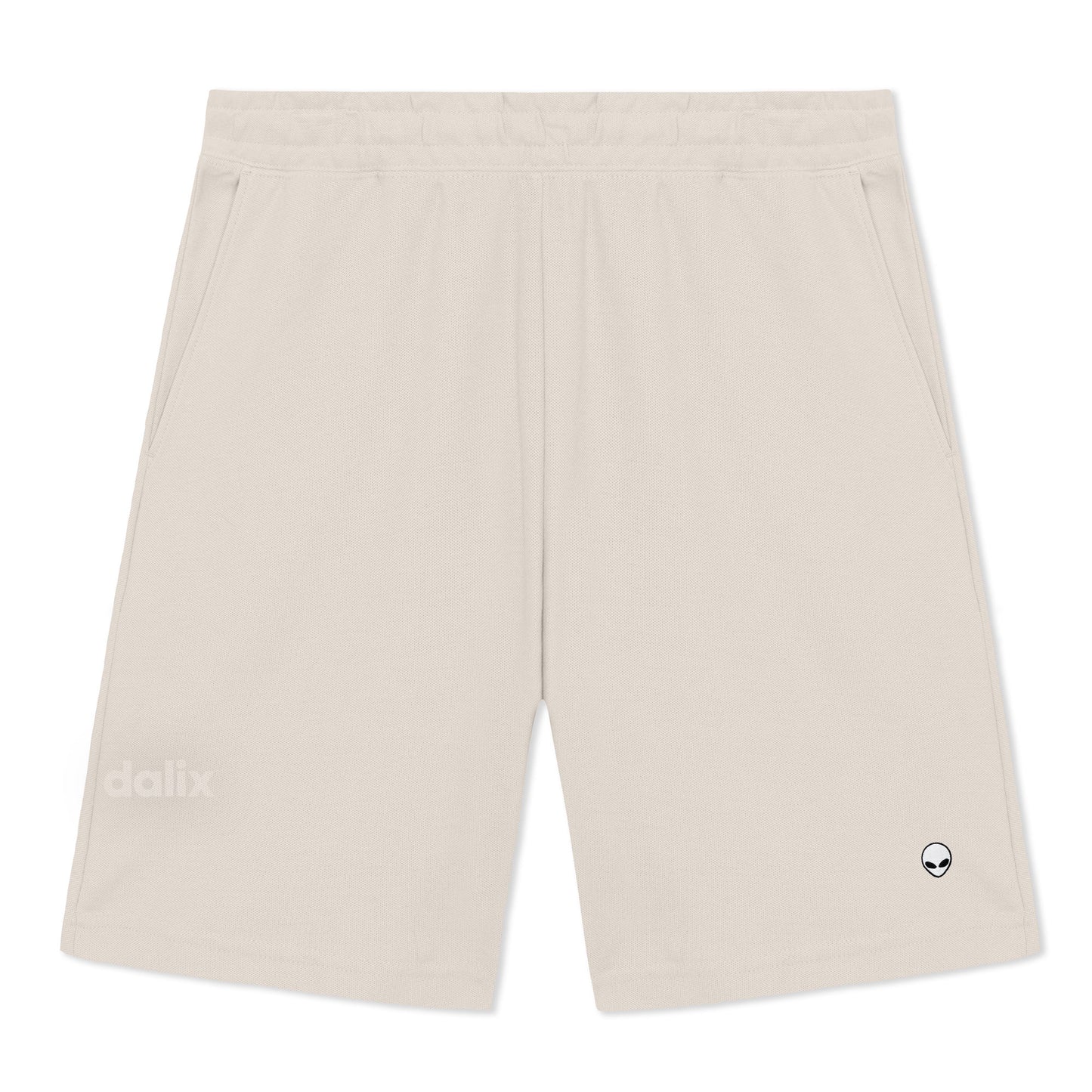 Dalix Lil Alien Gym Short Sport Embroidered Casual Pocket Mesh Drawcord Waist Mens in Bone S Small