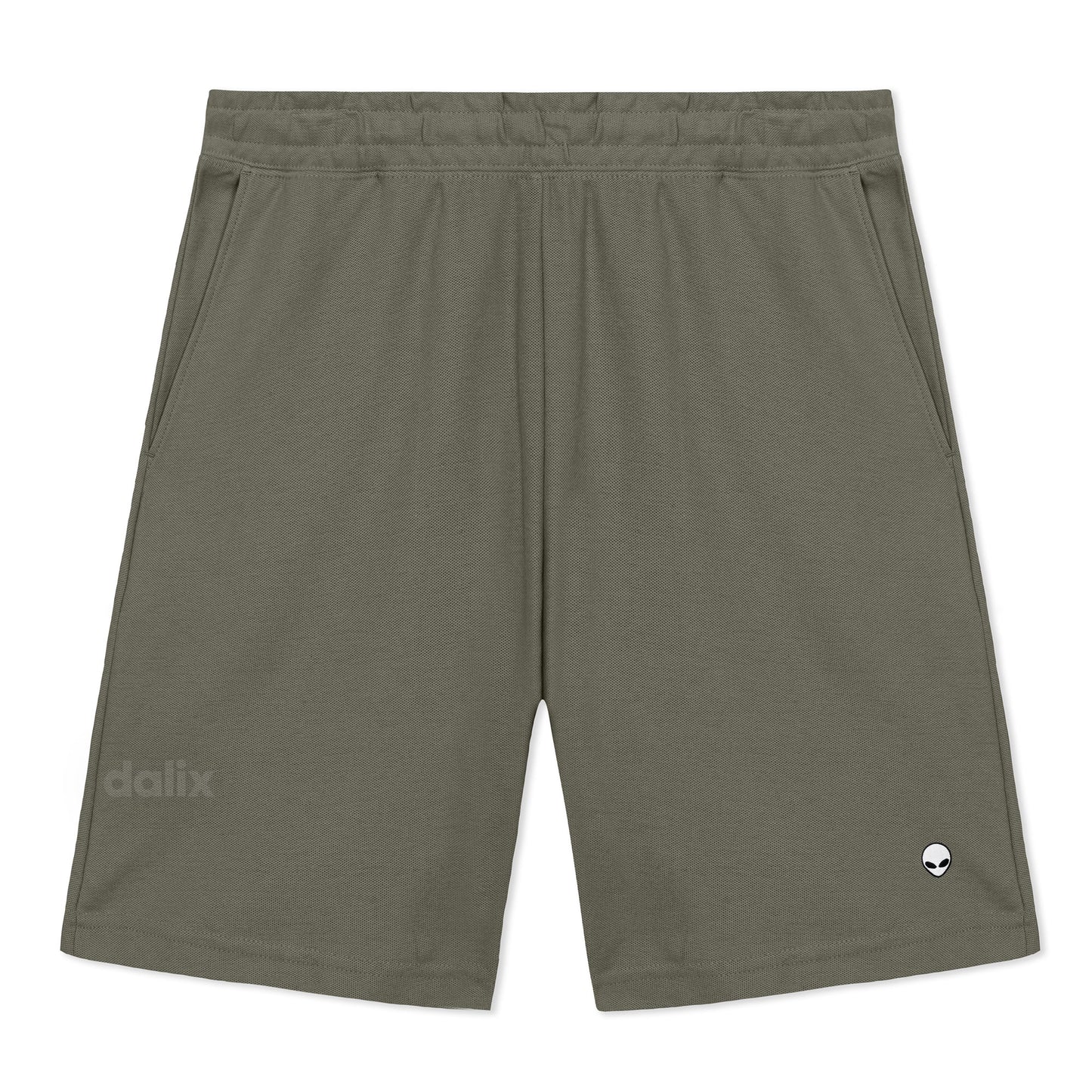 Dalix Lil Alien Gym Short Sport Embroidered Casual Pocket Mesh Drawcord Waist Mens in Olive S Small