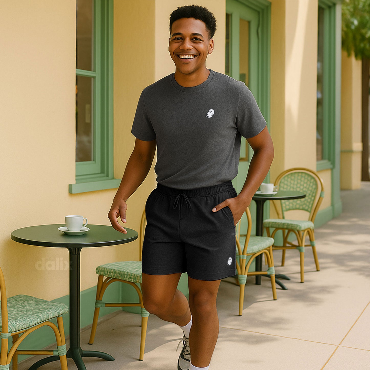 Dalix Ghost Active Short Gym Workout Embroidered Casual Zip Pocket Mesh Drawcord Waist Mens in Black S Small