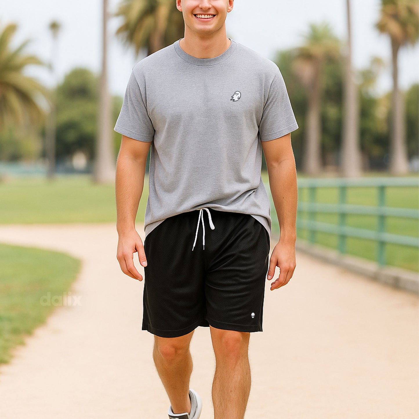 Dalix Lil Alien Court Short Sport Embroidered Casual Pocket Mesh Drawcord Waist Mens in Black S Small