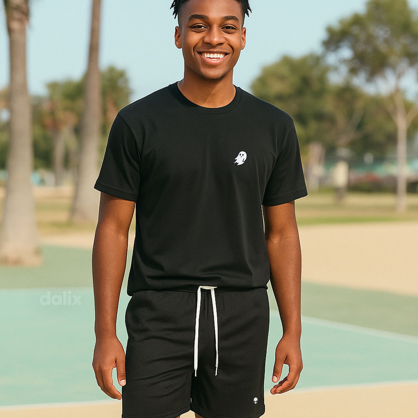 Dalix Lil Alien Court Short Sport Embroidered Casual Pocket Mesh Drawcord Waist Mens in Black S Small