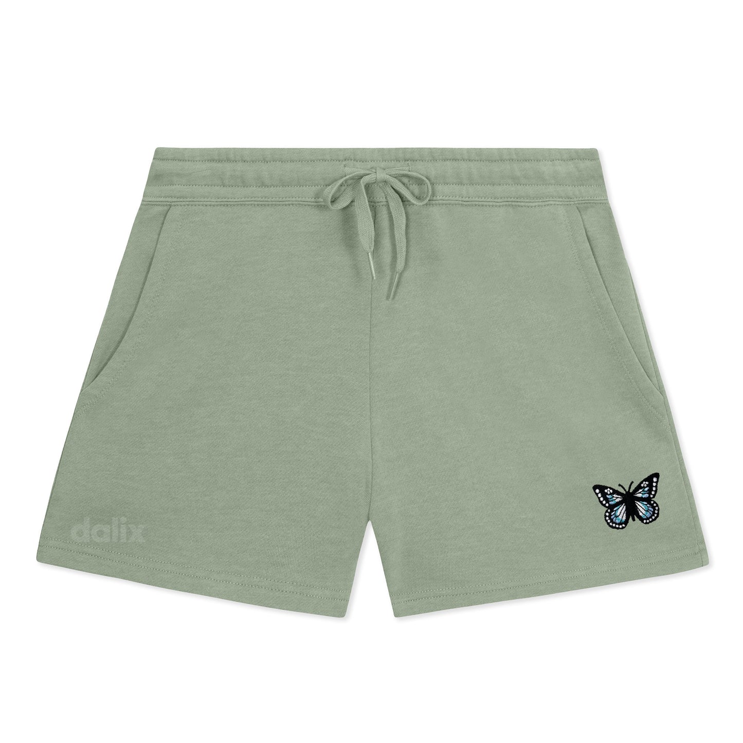 Dalix Butterfly Embroidered Shorts Washed Soft Fleece Relaxed Drawstring Pocket Fit Lounge Womens in Sage S Small