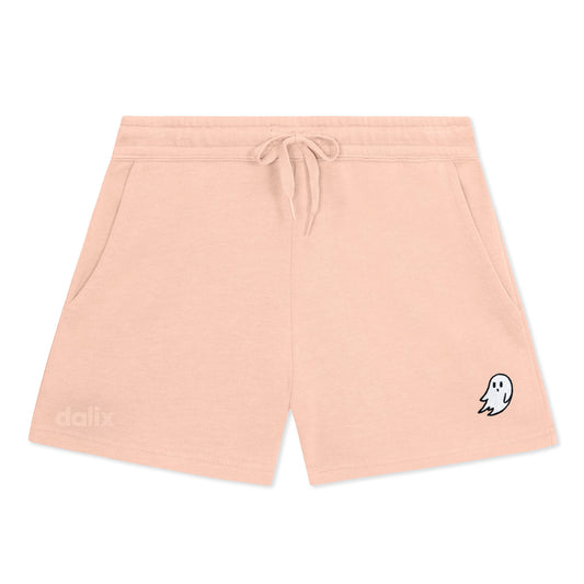 Dalix Ghost Embroidered Shorts Washed Soft Fleece Relaxed Drawstring Pocket Fit Lounge Womens in Blush S Small